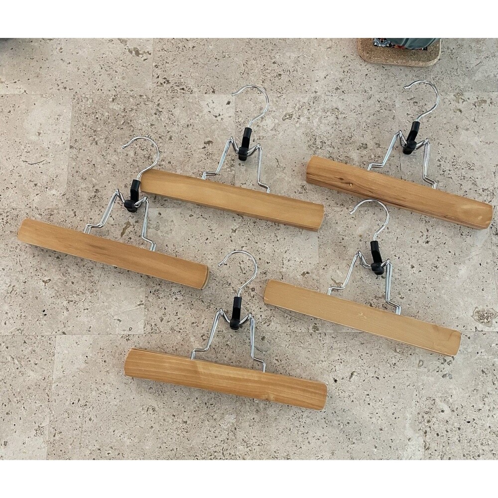 Wooden Clamp Hangers Pants Trousers Skirt Natural Wood Swivel Lot of 5